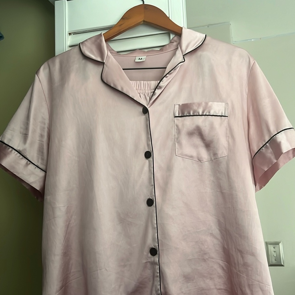 pink satin short sleeve sleep top and shorts